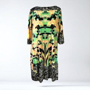 Eci New York 16W Black and Green Multicolor Geometric Print Shift Dress